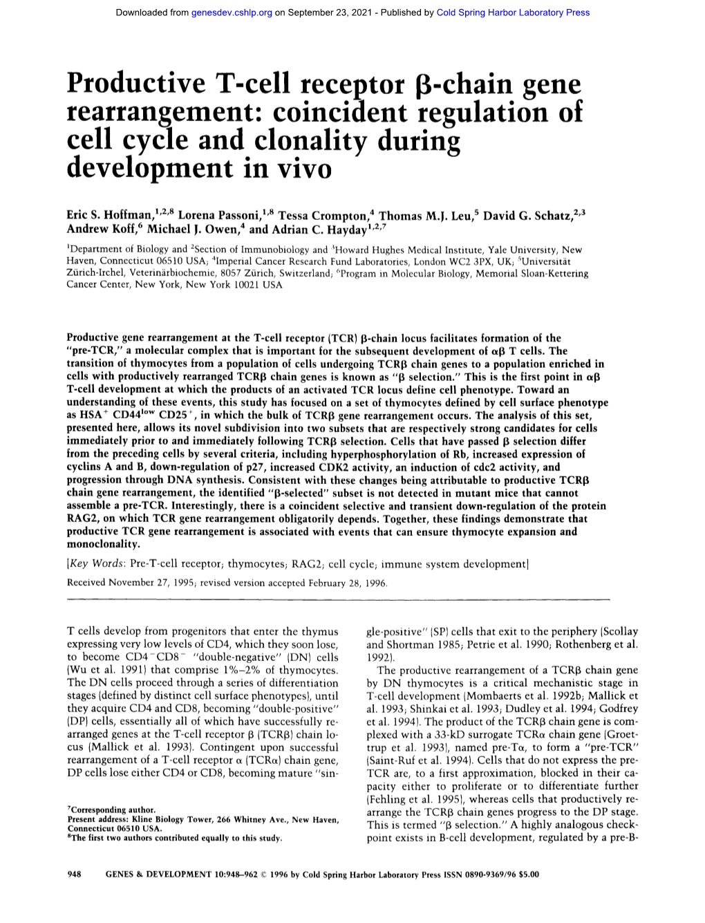 Productive T-Cell Receptor [}-Chain Gene Rearrangement: Coincident Regulation of Cell Cycle and Clonality During Development in Vivo