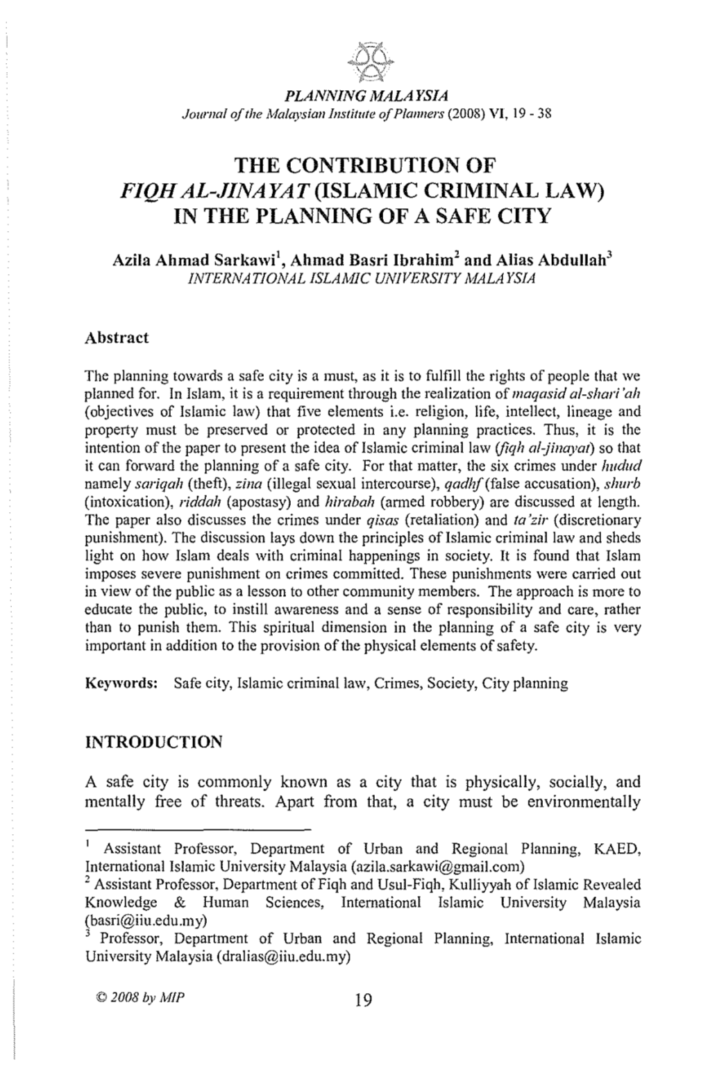 The Contribution of Fiqh Al-Jinayat (Islamic Criminal Law) in the Planning of a Safe City