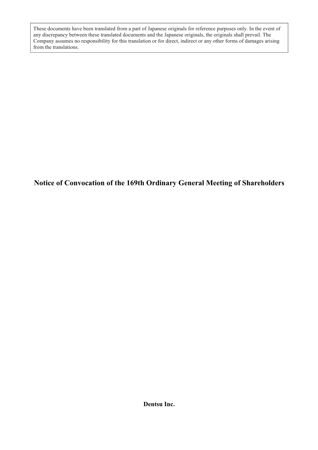 Notice of Convocation of the 169Th Ordinary General Meeting of Shareholders