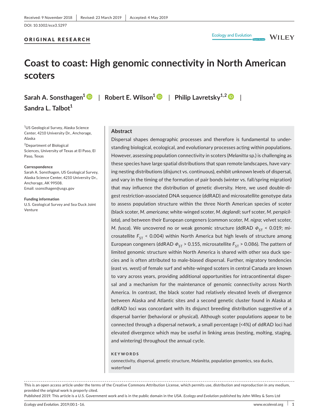 High Genomic Connectivity in North American Scoters