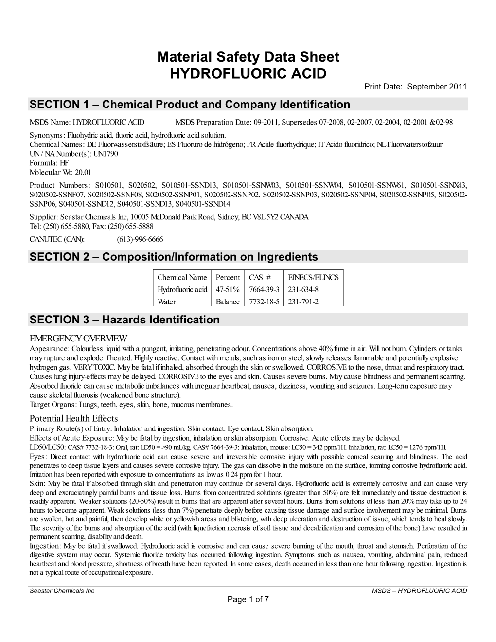 Material Safety Data Sheet HYDROFLUORIC ACID DocsLib