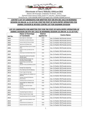 Directorate of Sarva Shiksha Abhiyanj&K CENTRE's LIST of CANDIDATES for WRITTEN TEST on 9TH DEC 2012 in MORNING SESSION (1