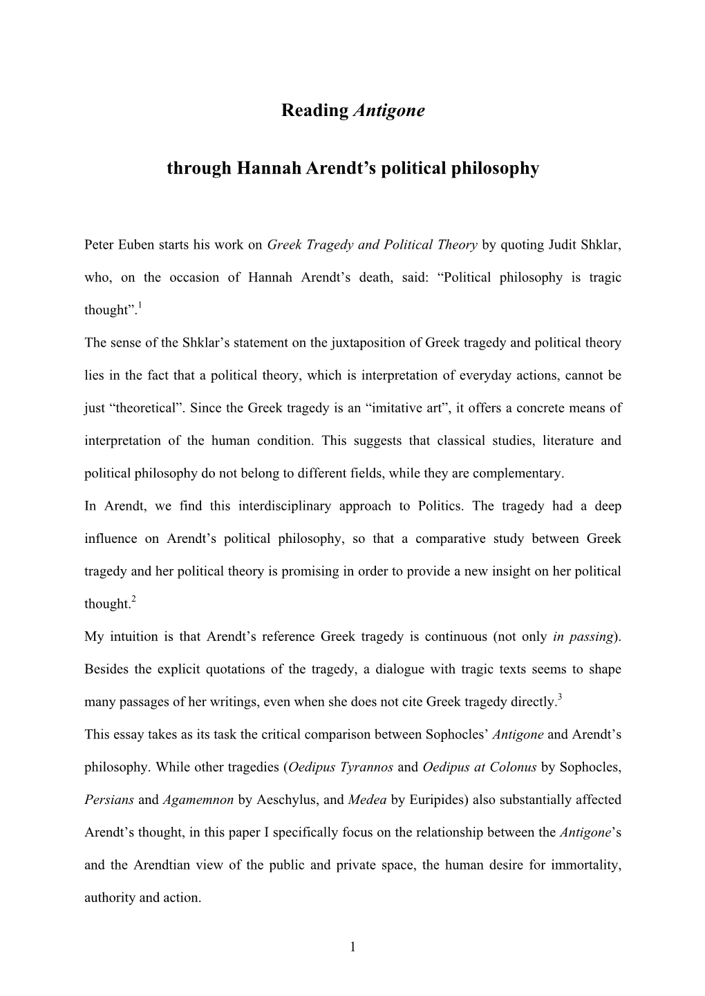 Reading Antigone Through Hannah Arendt's Political Philosophy