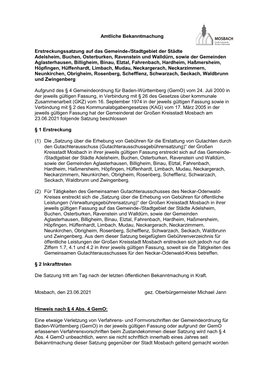 Erstreckungssatzung Auf Das Gemeinde-/Stadtgebiet Der Städte Adelsheim, Buchen, Osterburken, Ravenstein Und Walldürn, Sowie D