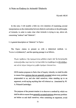 Page 1 a Note on Endoxa in Aristotle' Dialectic Kiyoaki AKAI in This Note, I