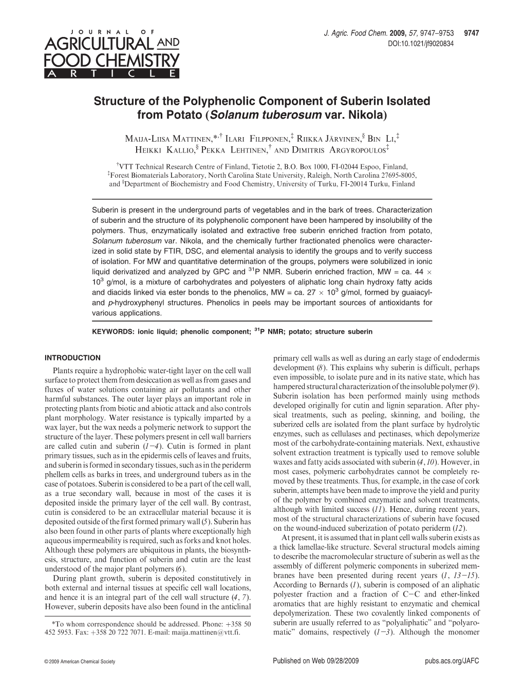 Structure of the Polyphenolic Component of Suberin Isolated from Potato (Solanum Tuberosum Var