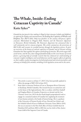 The Whale, Inside: Ending Cetacean Captivity in Canada* Katie Sykes**