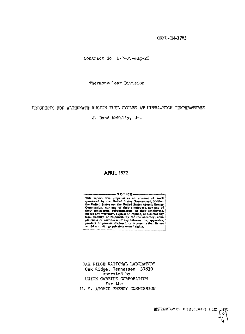 ORNL-TM-3783 Contract No. W-7^05-Eng-26 Thermonuclear