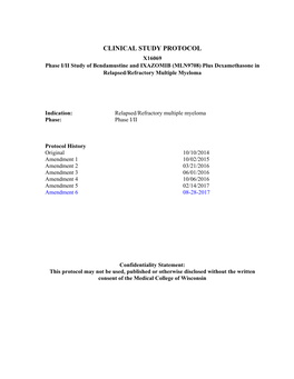 CLINICAL STUDY PROTOCOL X16069 Phase I/II Study of Bendamustine and IXAZOMIB (MLN9708) Plus Dexamethasone in Relapsed/Refractory Multiple Myeloma