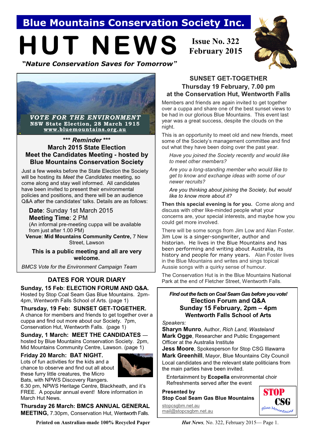 HUT NEWS February 2015 “Nature Conservation Saves for Tomorrow”