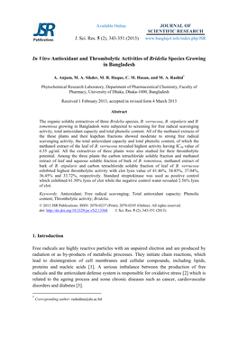 In Vitro Antioxidant and Thrombolytic Activities of Bridelia Species Growing in Bangladesh