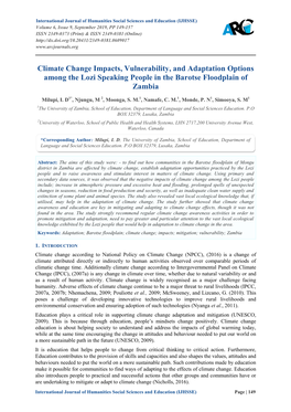 Climate Change Impacts, Vulnerability, and Adaptation Options Among the Lozi Speaking People in the Barotse Floodplain of Zambia
