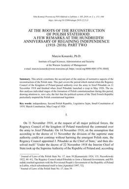 At the Roots of the Reconstruction of Polish Statehood. a Few Remarks at the Hundredth Anniversary of Regaining Independence (1918–2018)