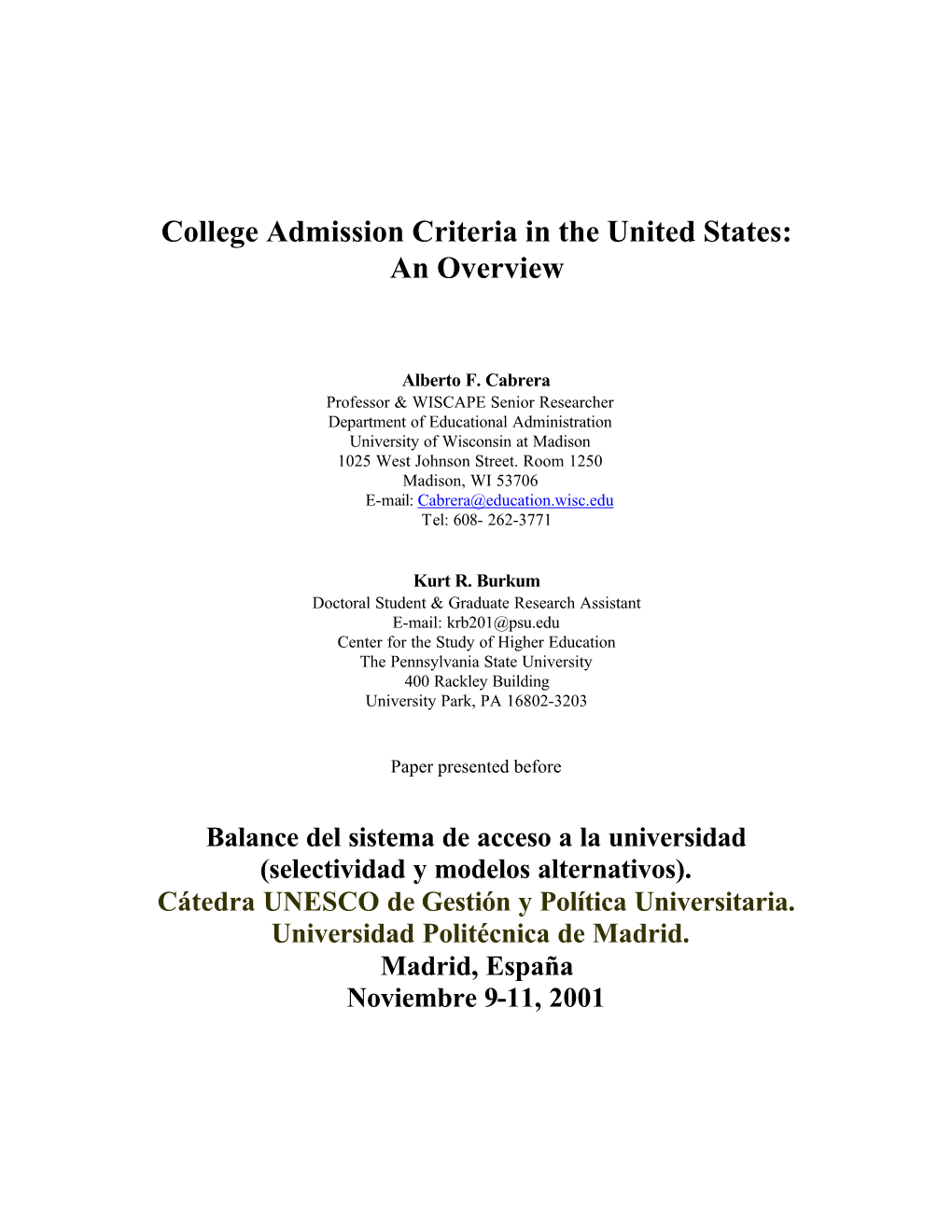 College Admission Criteria in the United States: an Overview