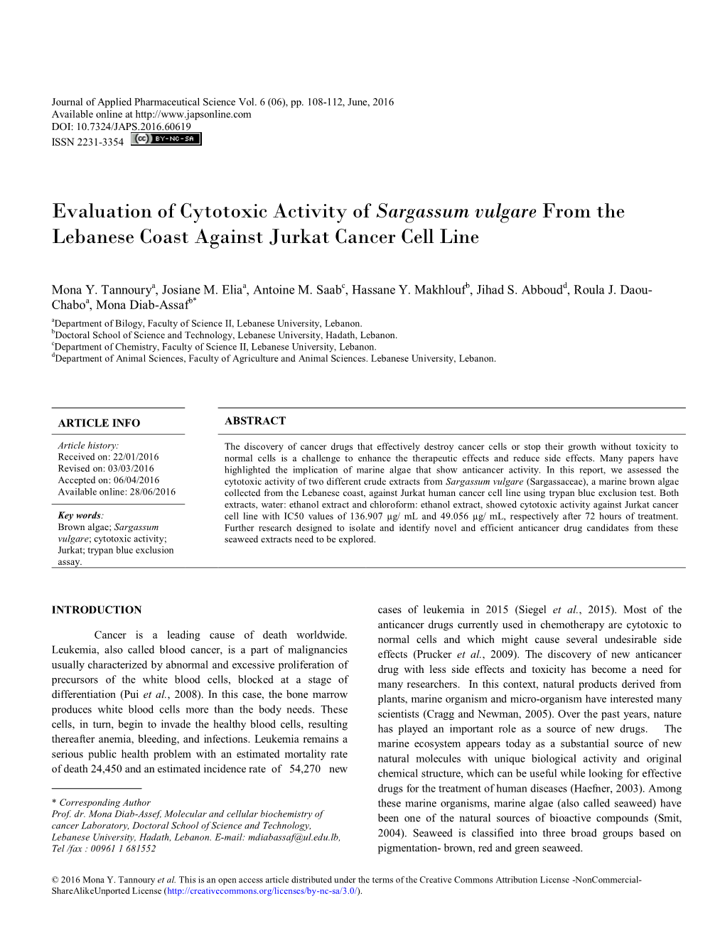 Evaluation of Cytotoxic Activity of Sargassum Vulgare from the Lebanese Coast Against Jurkat Cancer Cell Line