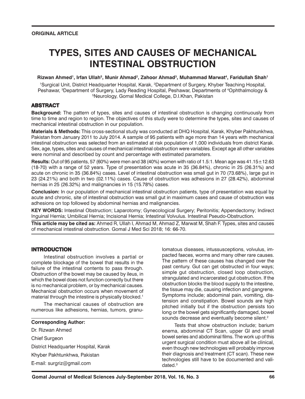 Types, Sites and Causes of Mechanical Intestinal Obstruction