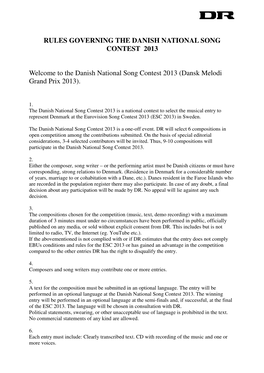 Rules Governing the Danish National Song Contest 2013