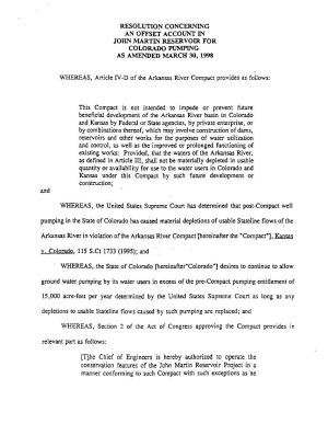Resolution Concerning an Offset Account in John Martin Reservoir for Colorado Pumping As Amended March 30, 1998