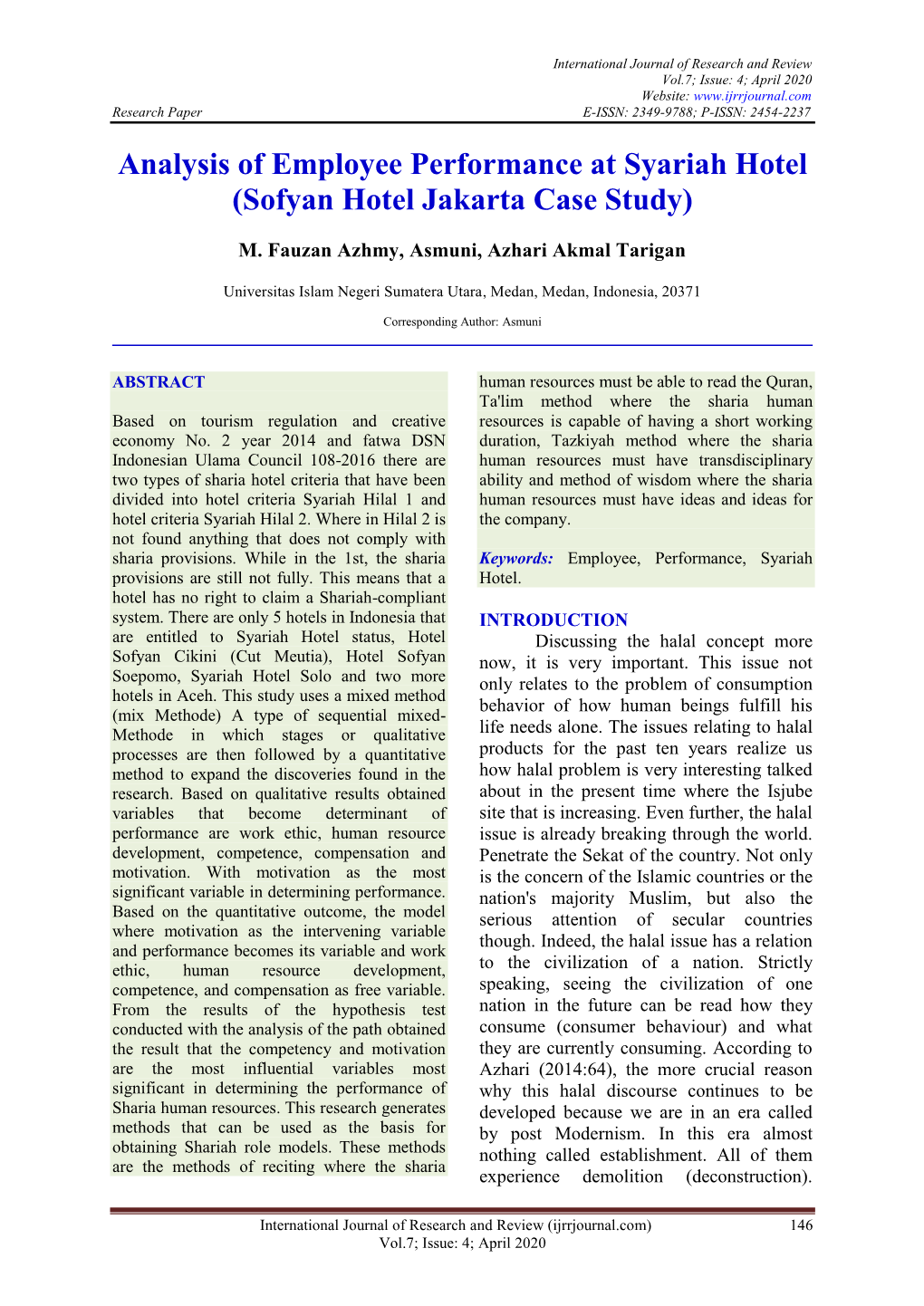 Analysis of Employee Performance at Syariah Hotel (Sofyan Hotel Jakarta Case Study)