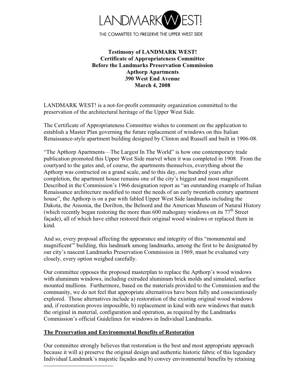 Certificate of Appropriateness Committee Before the Landmarks Preservation Commission Apthorp Apartments 390 West End Avenue March 4, 2008