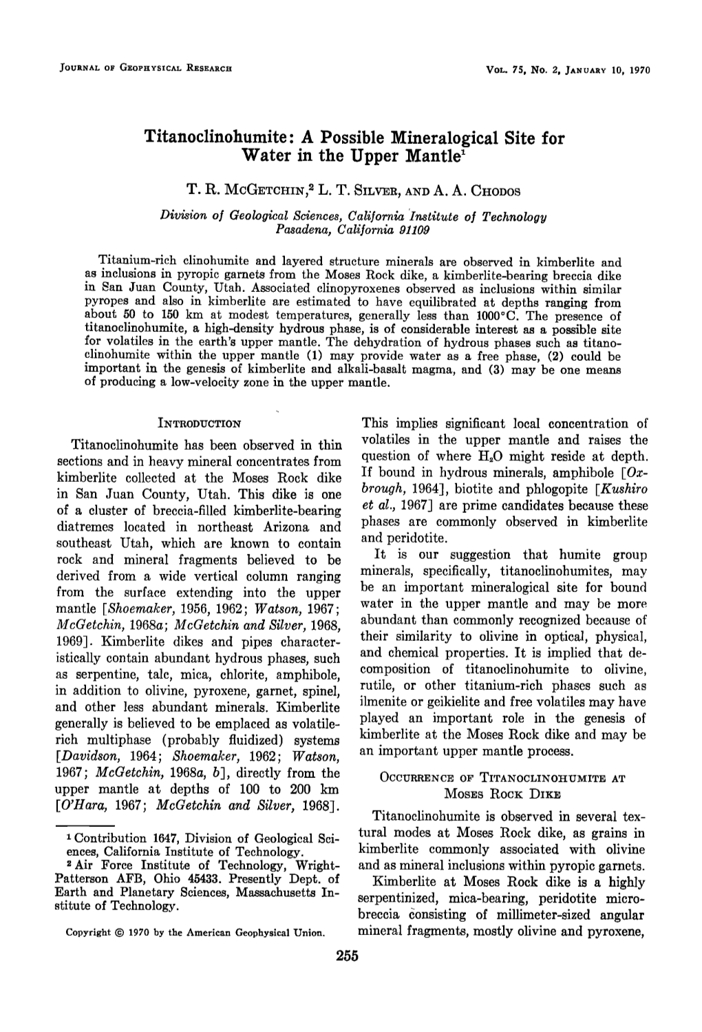 Titanoclinohumite a Possible Mineralogical Site for Water in The