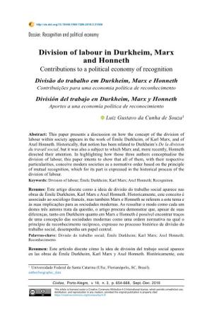 Division of Labour in Durkheim, Marx and Honneth