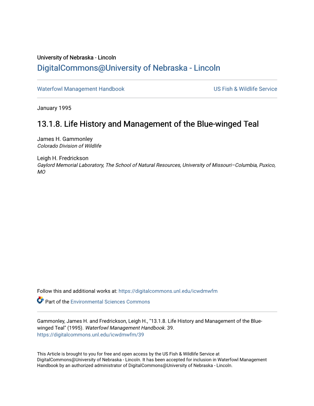 13.1.8. Life History and Management of the Blue-Winged Teal