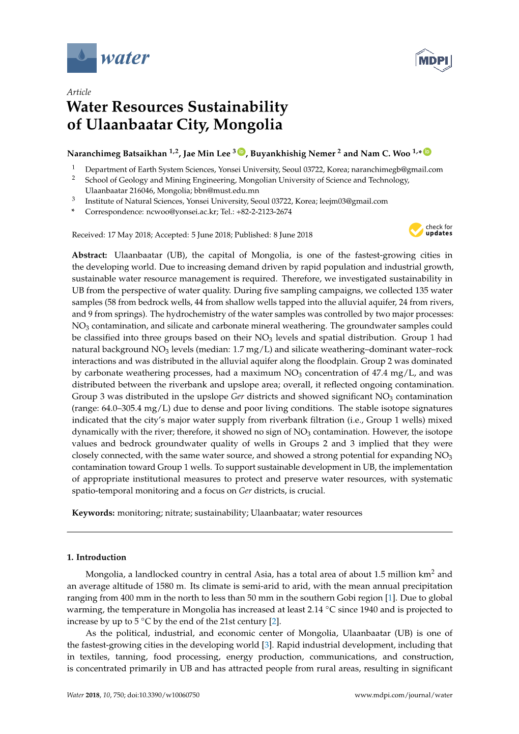 Water Resources Sustainability of Ulaanbaatar City, Mongolia