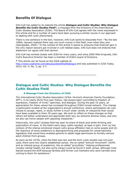 Dialogue and Cultic Studies: Why Dialogue Benefits the Cultic Studies Field*, a Message from the Directors of the International Cultic Studies Association (ICSA)