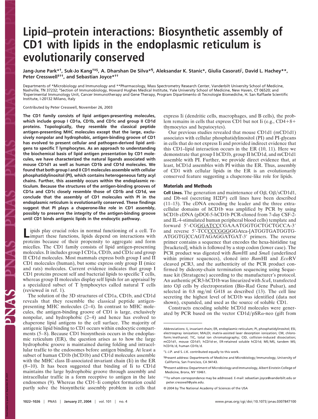 Lipid–Protein Interactions: Biosynthetic Assembly of CD1 with Lipids in the Endoplasmic Reticulum Is Evolutionarily Conserved