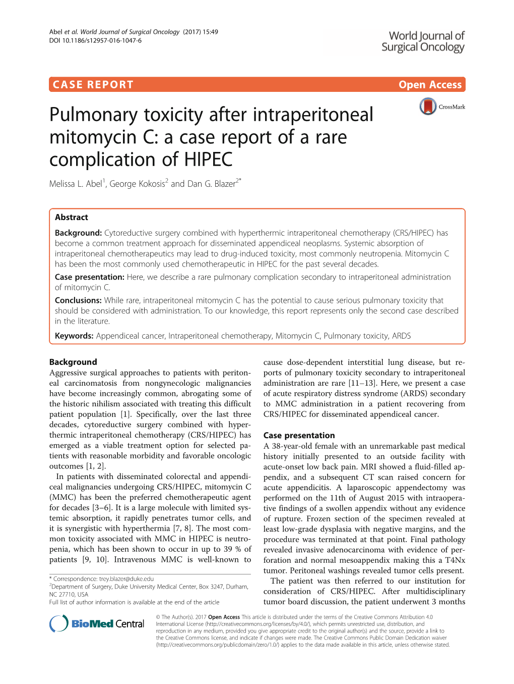 Pulmonary Toxicity After Intraperitoneal Mitomycin C: a Case Report of a Rare Complication of HIPEC Melissa L