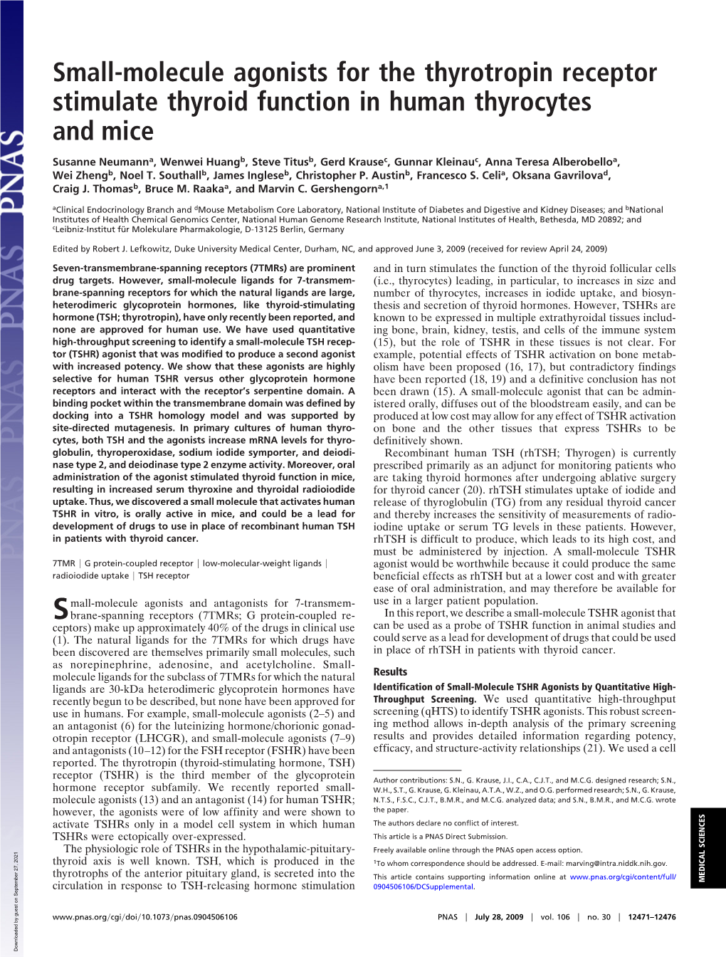 Small-Molecule Agonists for the Thyrotropin Receptor Stimulate Thyroid Function in Human Thyrocytes and Mice