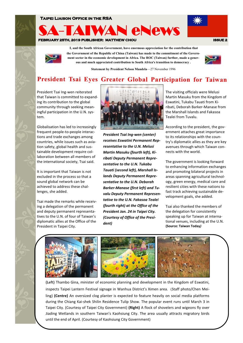 SA-TAIWAN Enews FEBRUARY 25TH, 2019 PUBLISHER: MATTHEW CHOU ISSUE 2