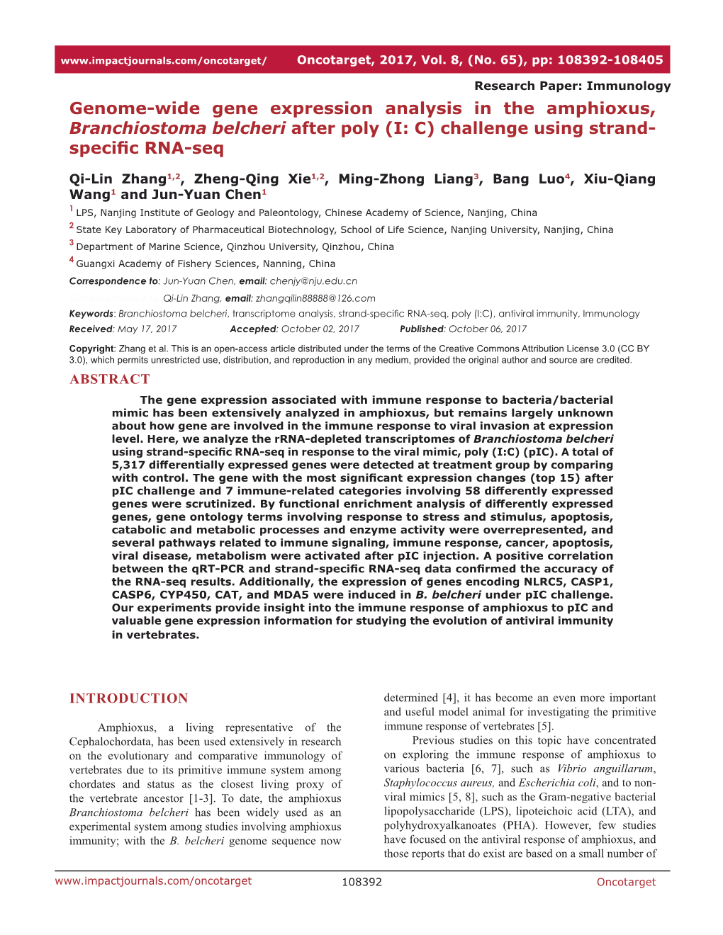 Genome-Wide Gene Expression Analysis in the Amphioxus, Branchiostoma Belcheri After Poly (I: C) Challenge Using Strand- Specific RNA-Seq