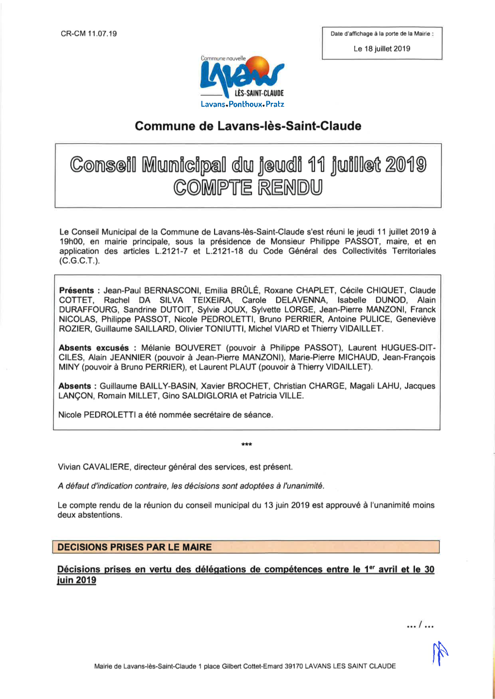 Conseil Municipal Du 11 Juillet 2019