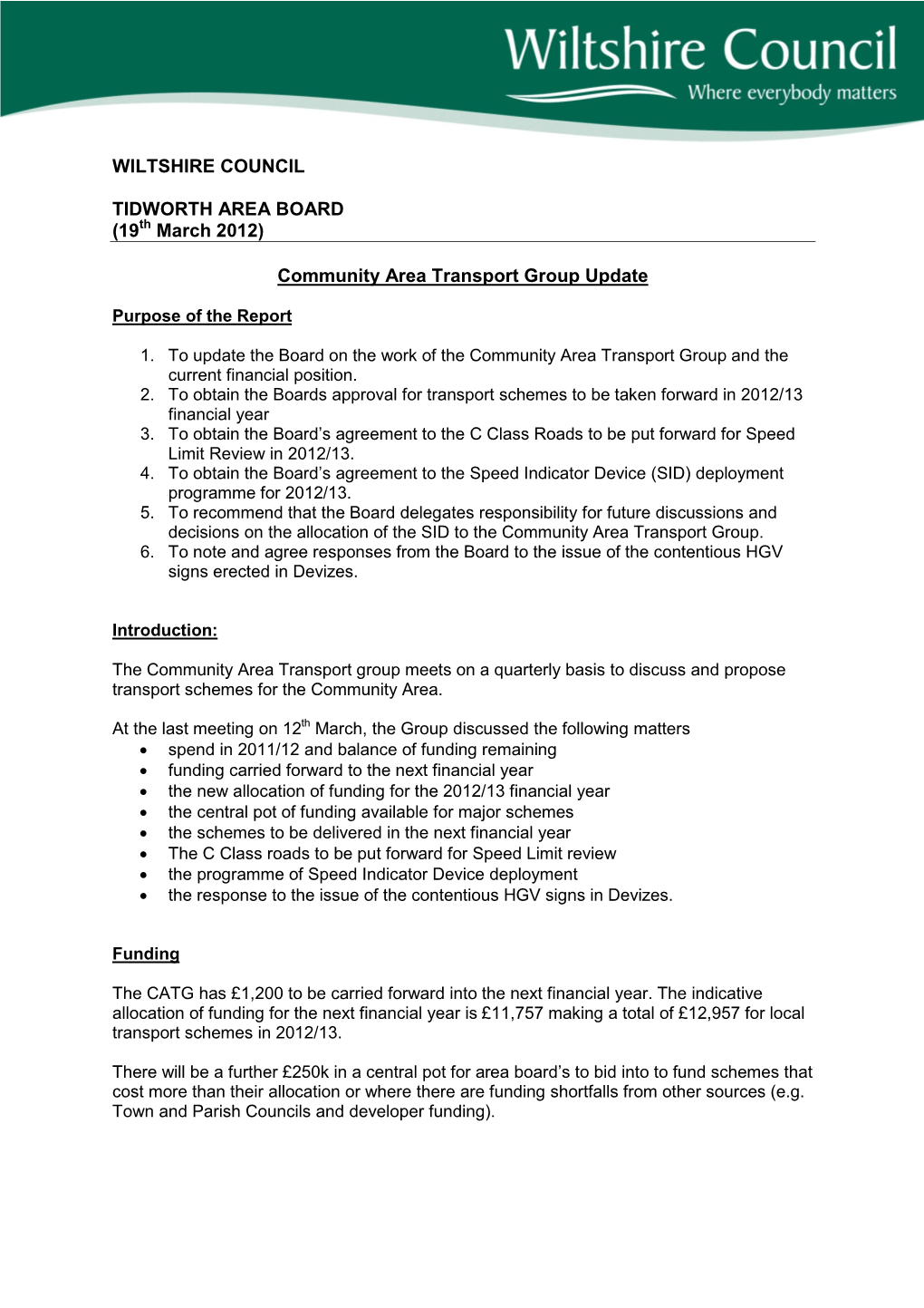 WILTSHIRE COUNCIL TIDWORTH AREA BOARD (19Th March 2012