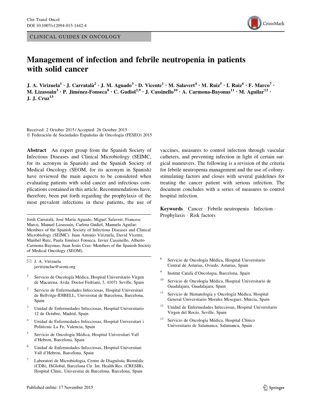 Management of Infection and Febrile Neutropenia in Patients with Solid Cancer