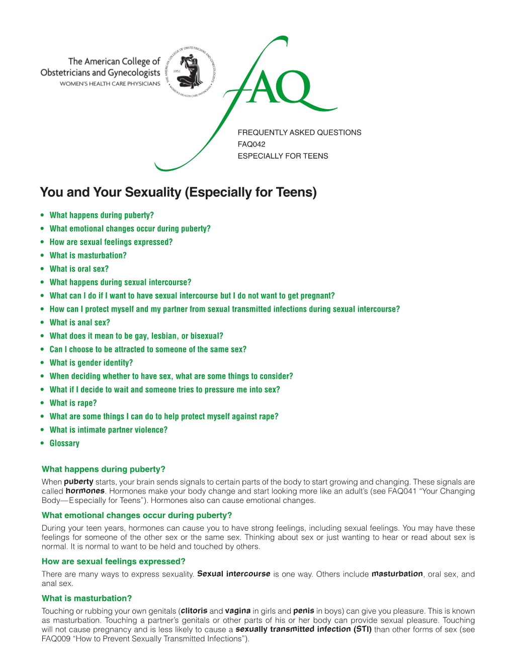 FAQ042 -- You and Your Sexuality (Especially for Teens)