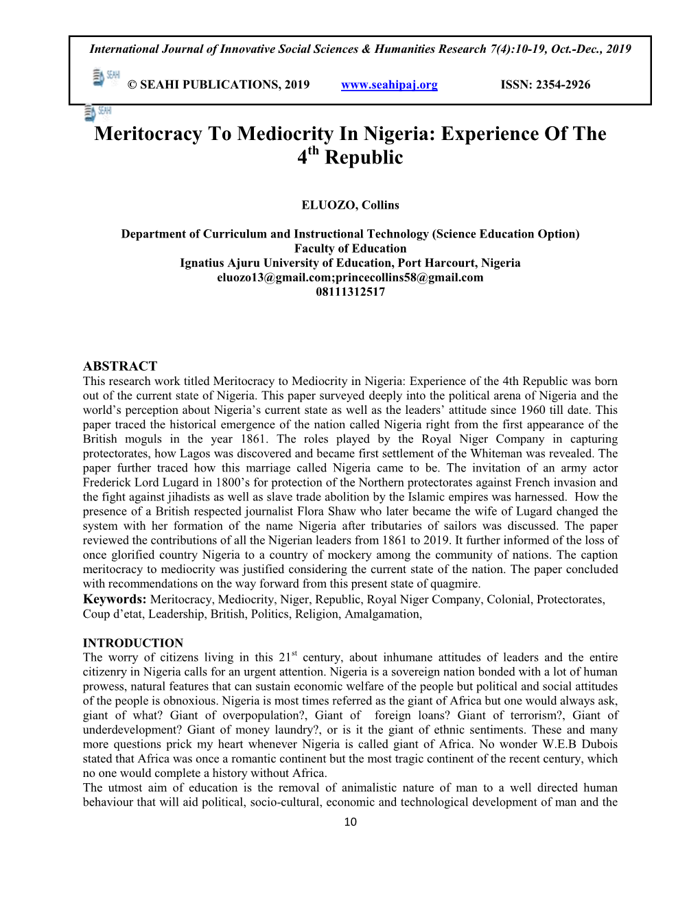 Meritocracy to Mediocrity in Nigeria: Experience of the 4Th Republic