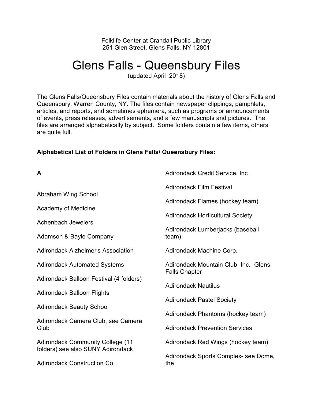 Glens Falls/Queensbury Files Contain Materials About the History of Glens Falls and Queensbury, Warren County, NY