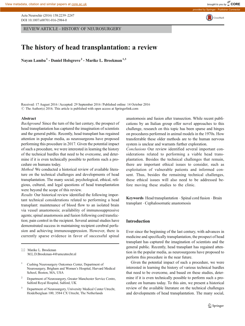 The History of Head Transplantation: a Review