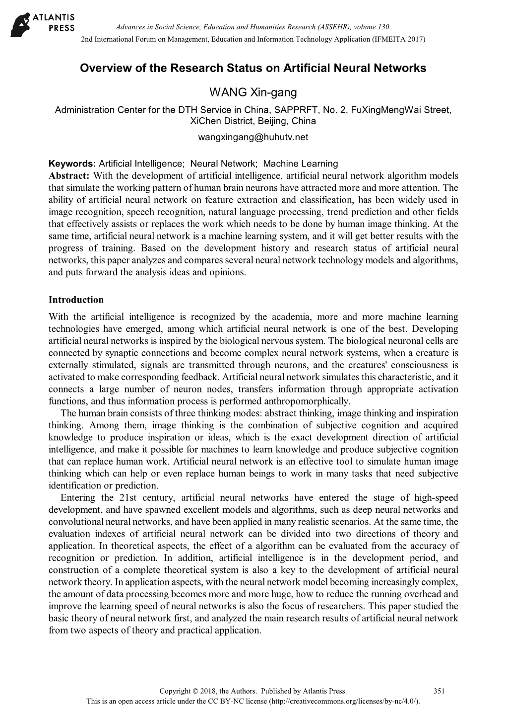 Overview of the Research Status on Artificial Neural Networks WANG