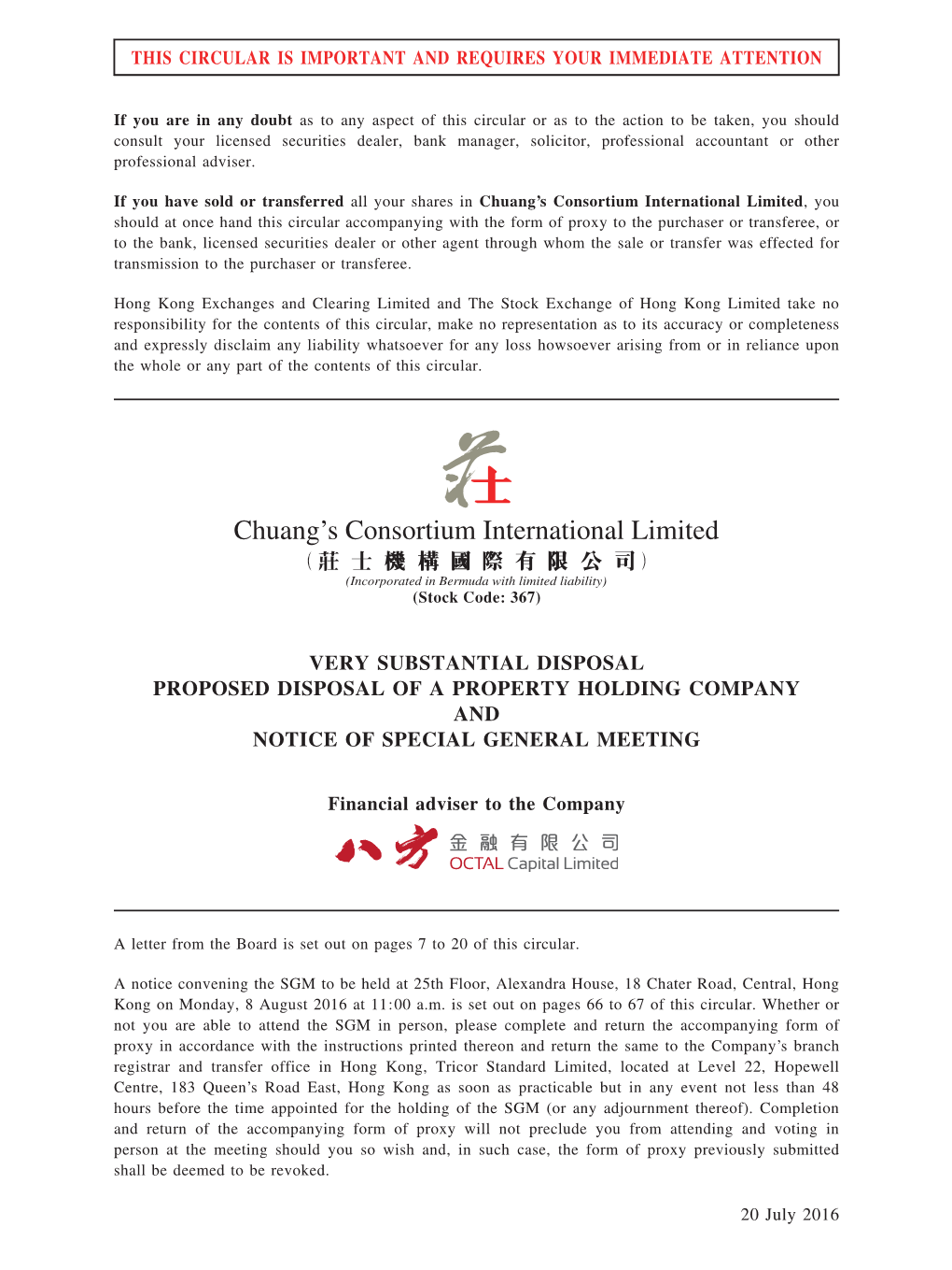 Very Substantial Disposal Proposed Disposal of a Property Holding Company and Notice of Special General Meeting