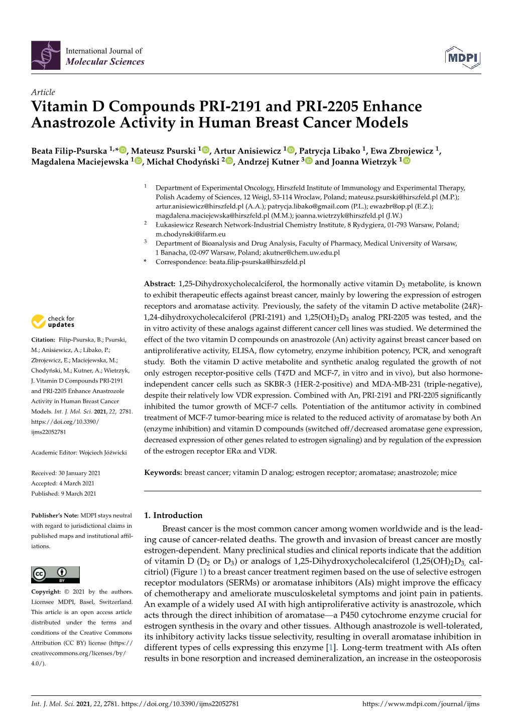 Vitamin D Compounds PRI-2191 and PRI-2205 Enhance Anastrozole Activity in Human Breast Cancer Models