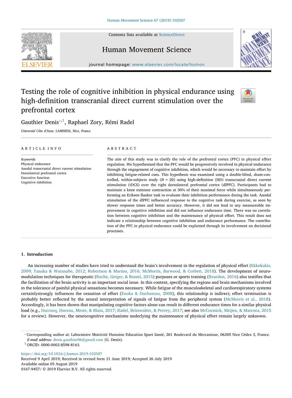 Testing the Role of Cognitive Inhibition in Physical Endurance Using High