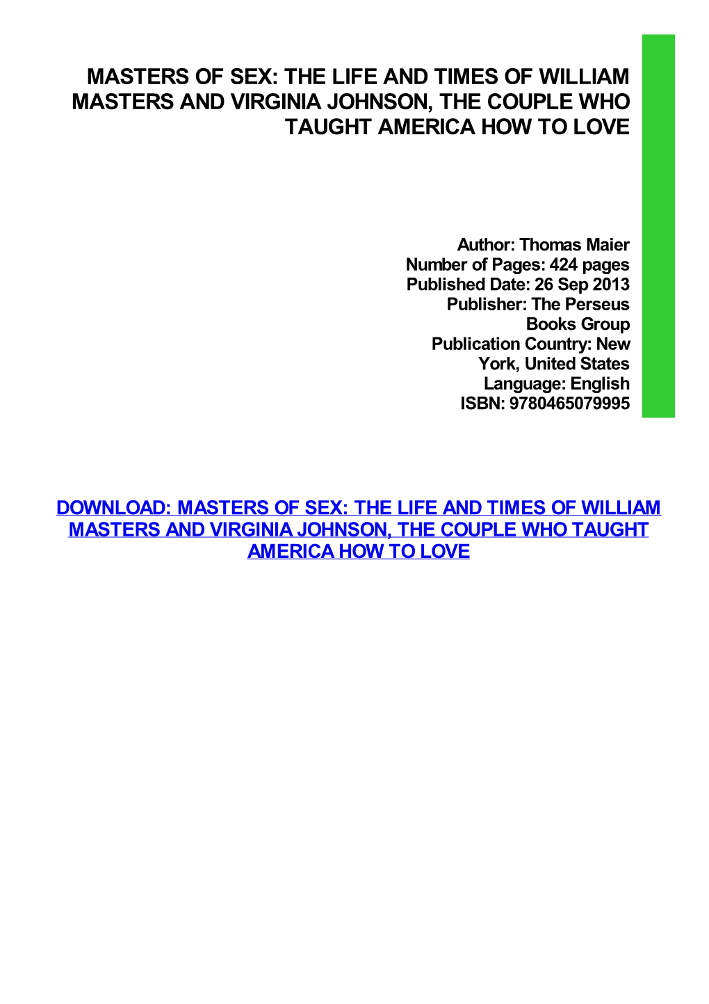 {DOWNLOAD} Masters of Sex: the Life and Times of William Masters