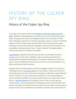HISTORY of the CULPER SPY RING History of the Culper Spy Ring