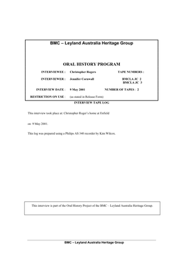 BMC – Leyland Australia Heritage Group ORAL HISTORY PROGRAM