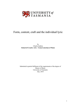 Form, Content, Craft and the Individual Lyric