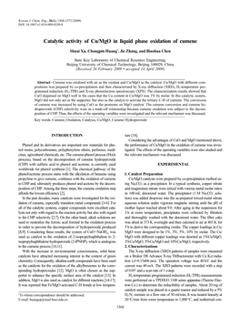 Catalytic Activity of Cu/Mgo in Liquid Phase Oxidation of Cumene